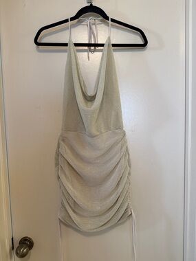 Lucy in the sky sheer shimmer backless ruched halter dress